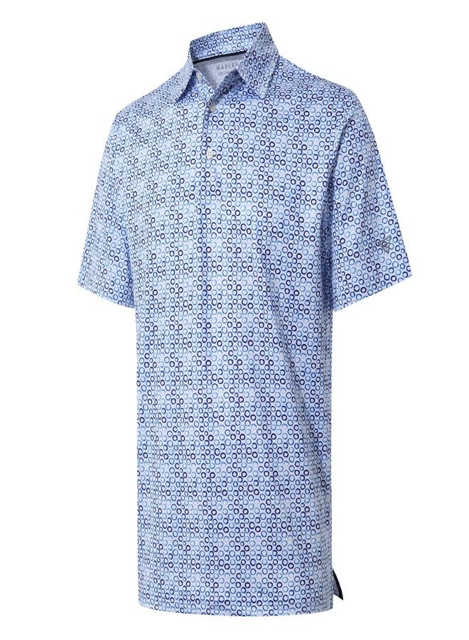 M MAELREG Golf Shirts for Men Dry Fit Short Sleeve Print Performance Moisture Wicking Polo Shirt White Blue Bubble - Image 1